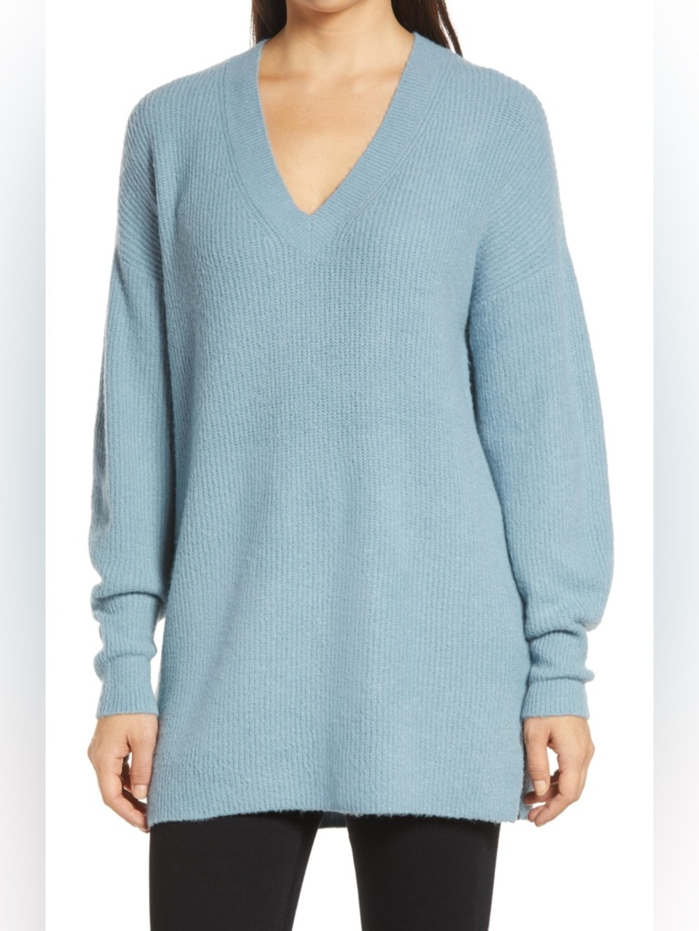 Halogen Cozy Day Break Deep V-Neck Balloon Sleeves Tunic Sweater